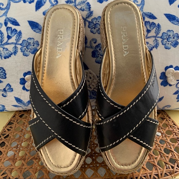 Prada Black Crisscross Espadrille Sandals Size 38.5 - Picture 1 of 8